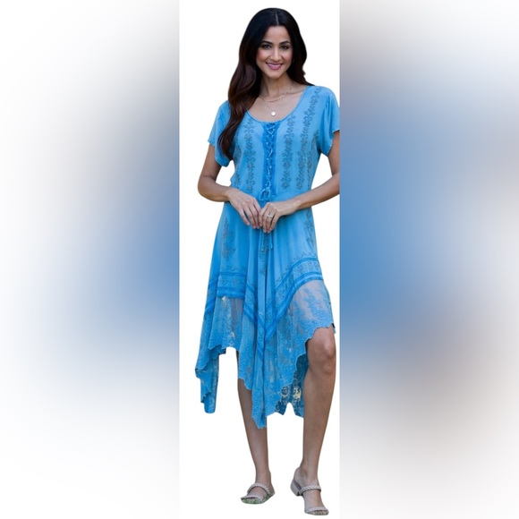 L/XL. NWT. Embroidered Blue Woman’s Dress. CLGR09. - Picture 3 of 3